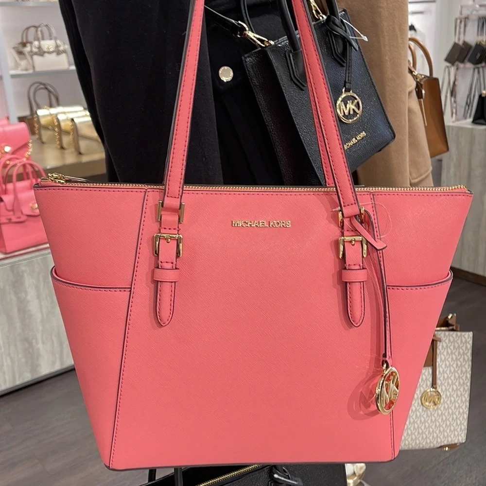 MICHAEL KORS Charlotte Large Leather Top-Zip Tote Tea Rose